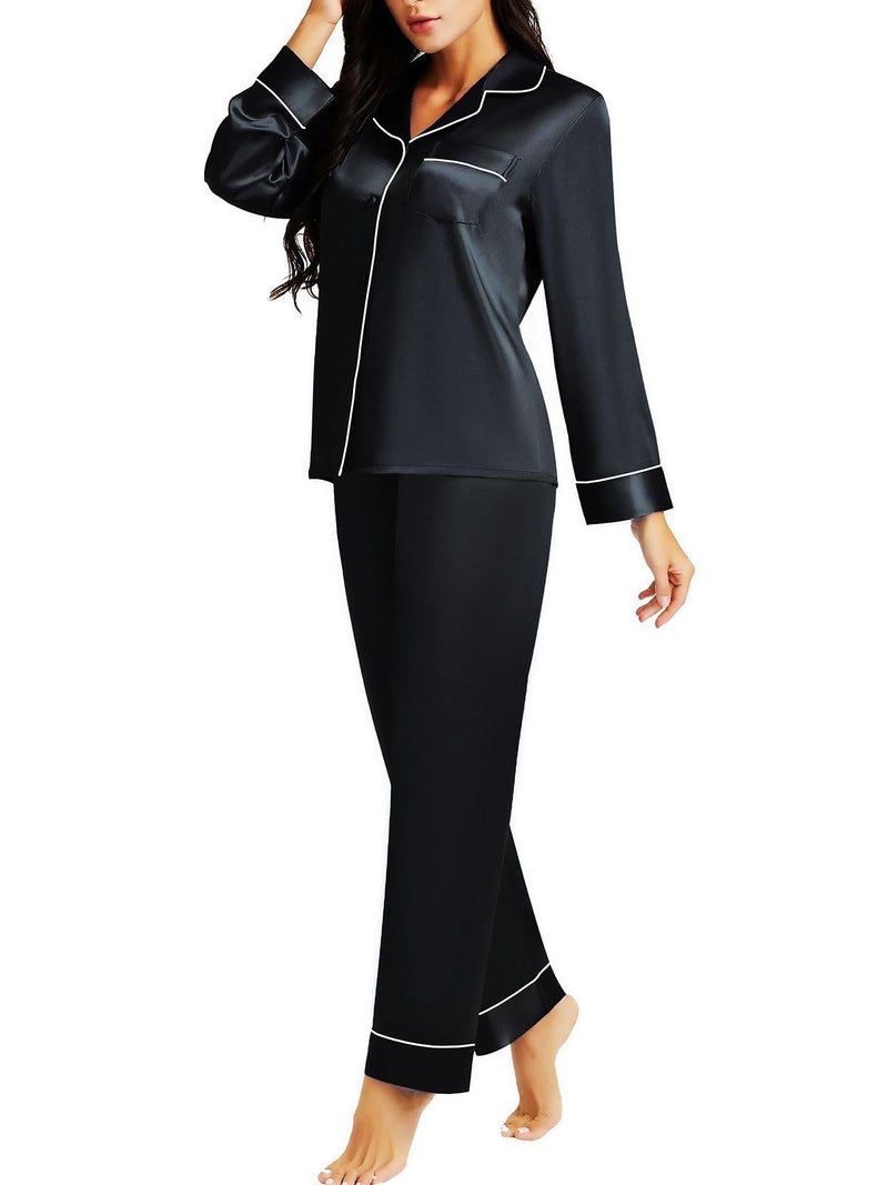 Lonxu Womens Silk Satin Pajamas Set Sleepwear Loungewear Black M - Image 1